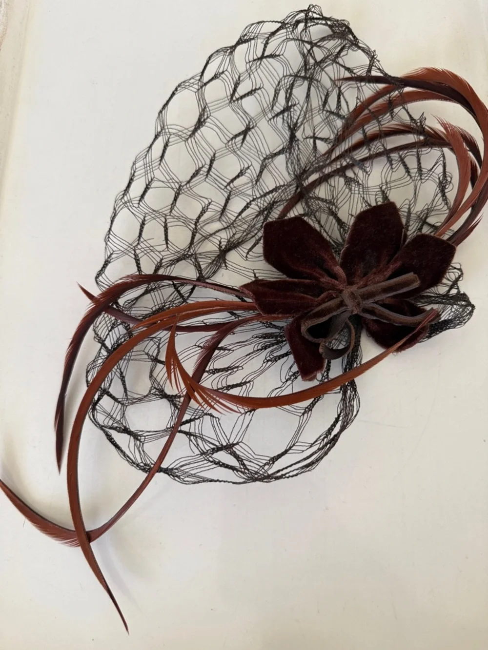 Vintage Brown Velvet Feather Flower Fascinator Hat Headpiece - Picture 5 of 11